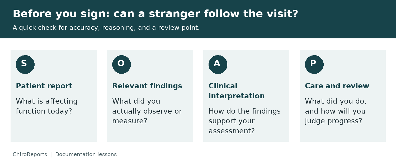 A concise SOAP note checklist: patient report, relevant findings, clinical interpretation, and care with a review point.