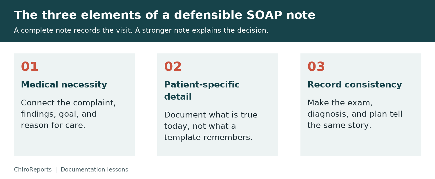Three elements of a defensible SOAP note: medical necessity linkage, patient-specific detail, and record consistency.